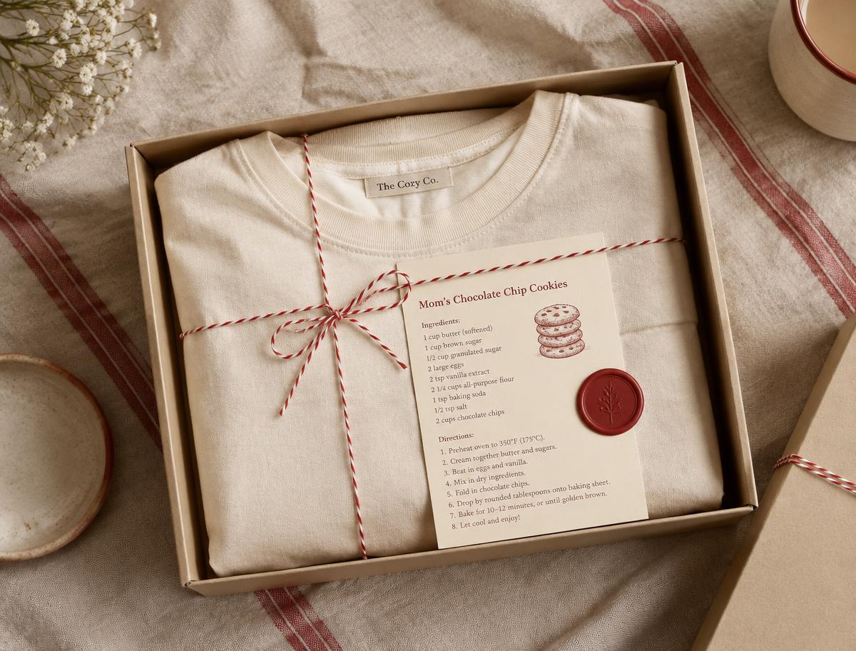A kraft box holding a folded cream tee, twine and a recipe card