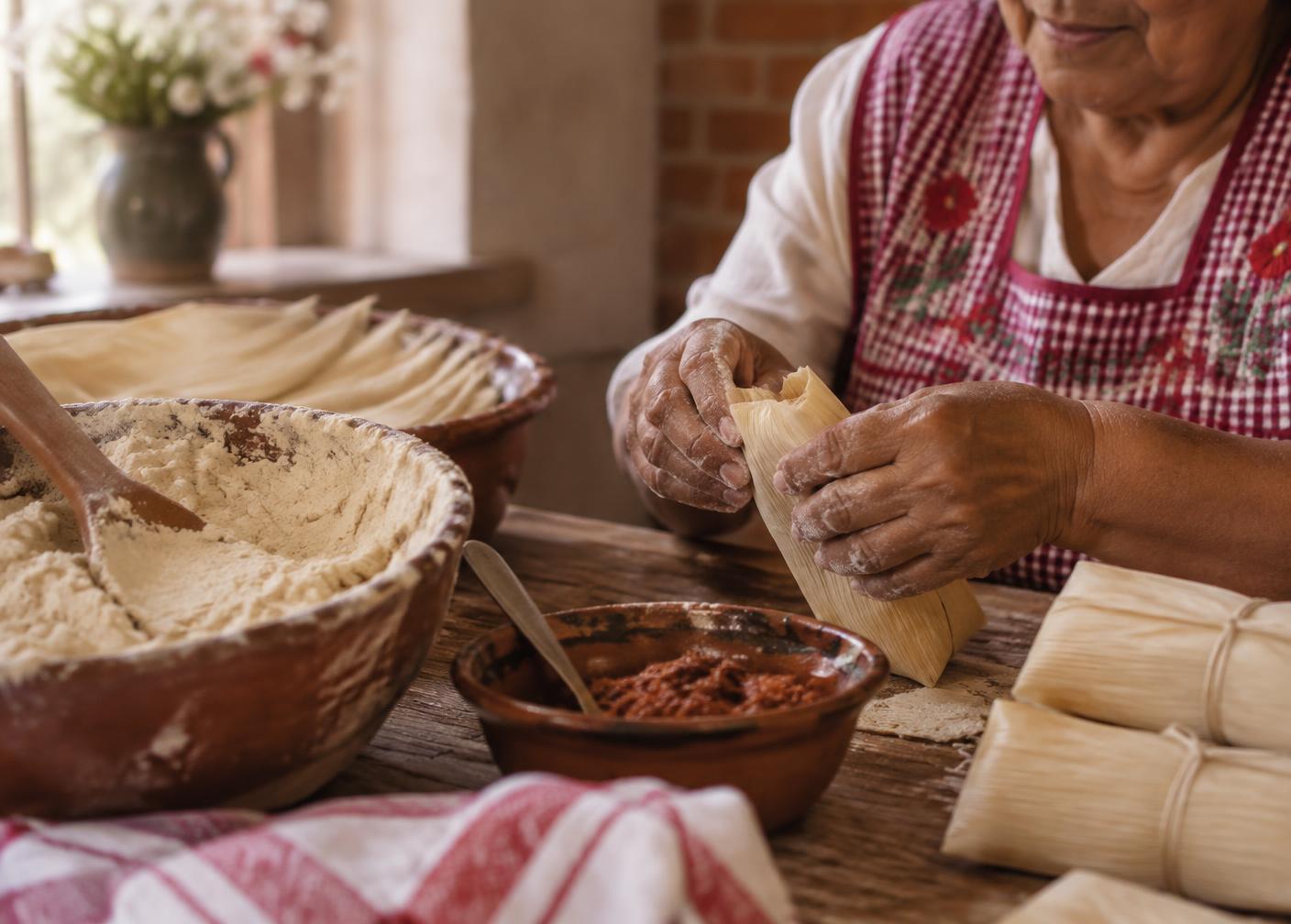 Hands wrapping tamales in corn husks at a wooden table